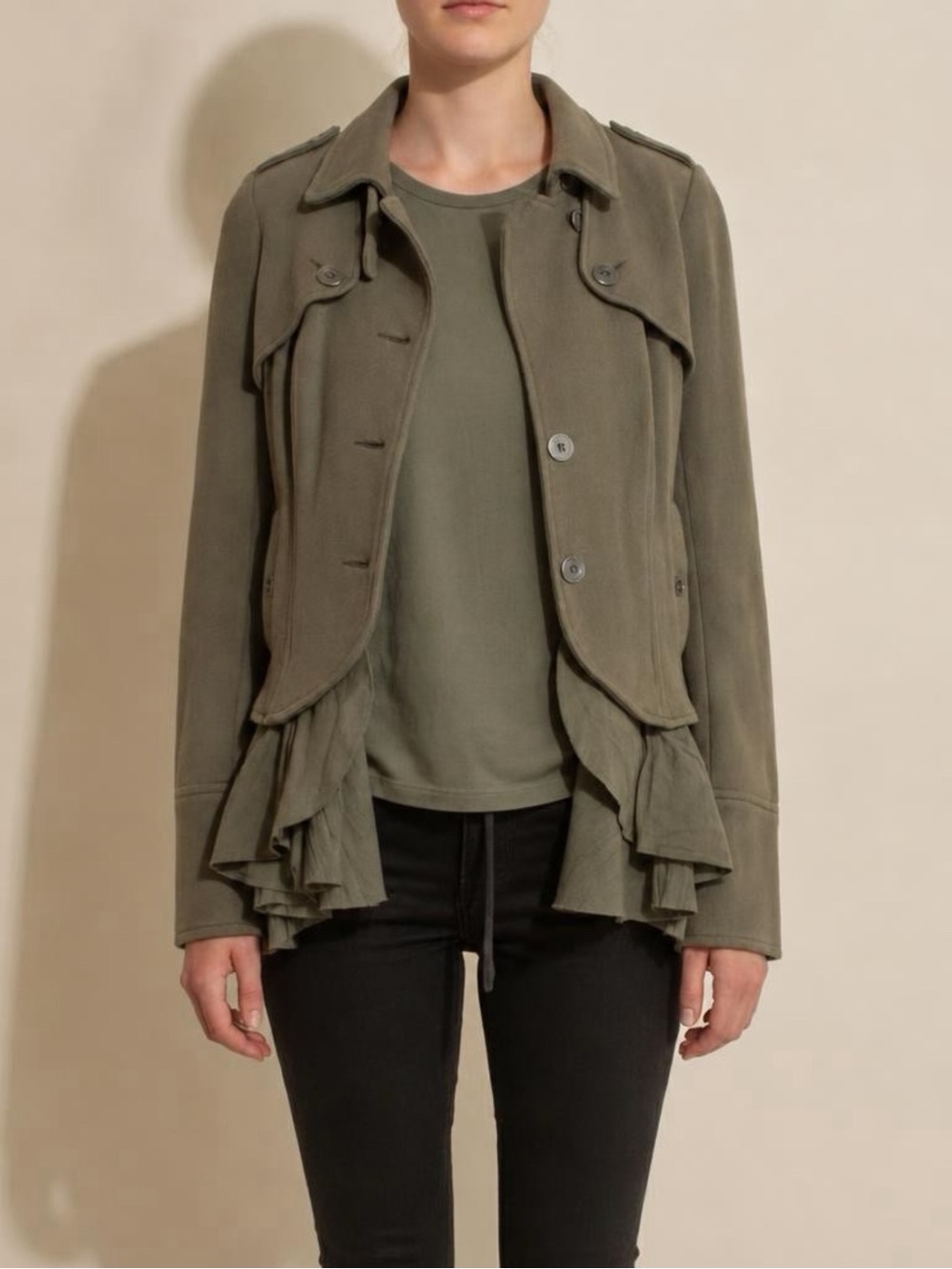 FREE PEOPLE Flared Hem Military Jacket Olive Green Ruffle Peplum Blazer Size 4